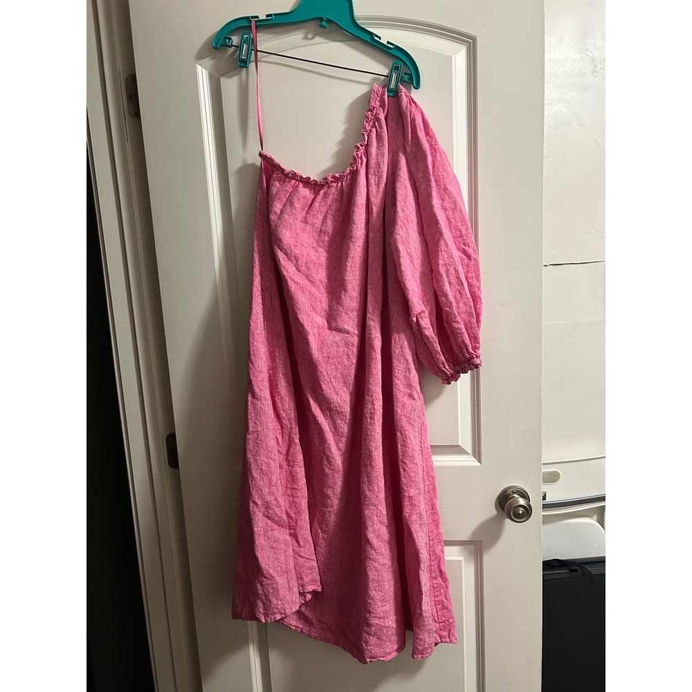LAKE‎ Milly Pink 100% Linen One Shoulder Midi Dress Long Puff Sleeve Womens M - Picture 3 of 8